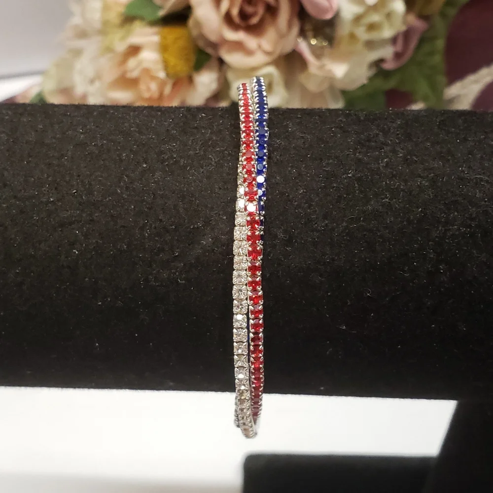 Stunning Red White & Blue Crystal Briad Silver Cuff Bracelet
